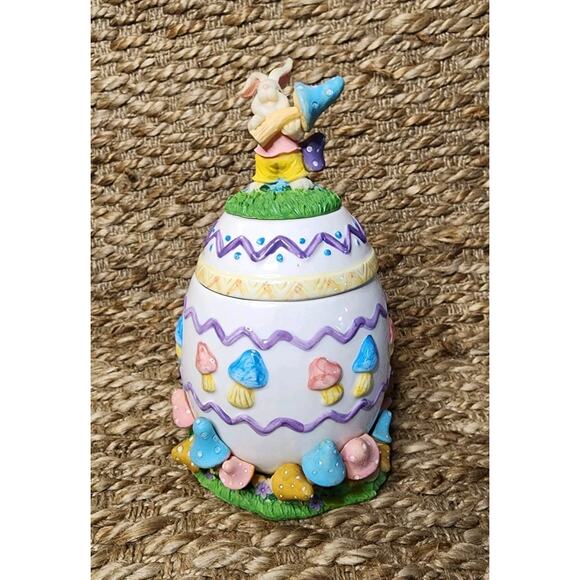 Long Rich Easter Egg Jar With Spring Mushrooms At Base 8.5" X 5" Holiday Decor - Picture 1 of 10